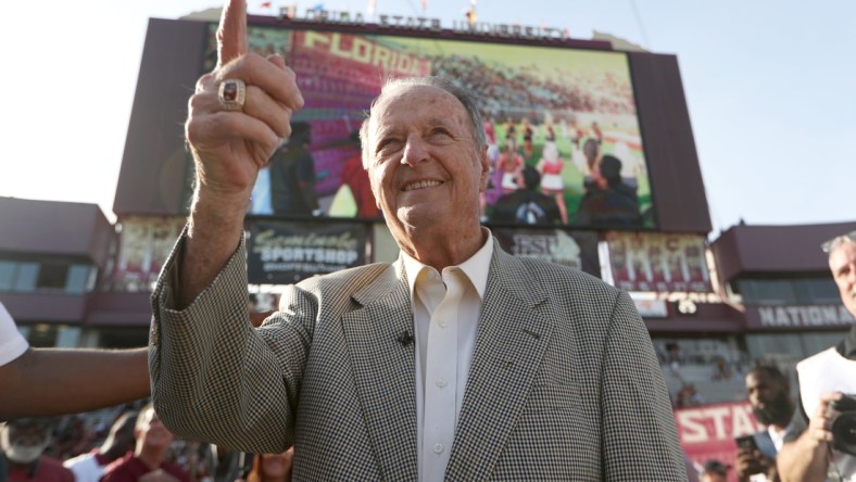 FSU's former Head Coach Bobby Bowden acknowledges the fans during the Garnet and Gold Spring game at Doak Campbell Stadium on Saturday, April 14, 2018.

B49i1498