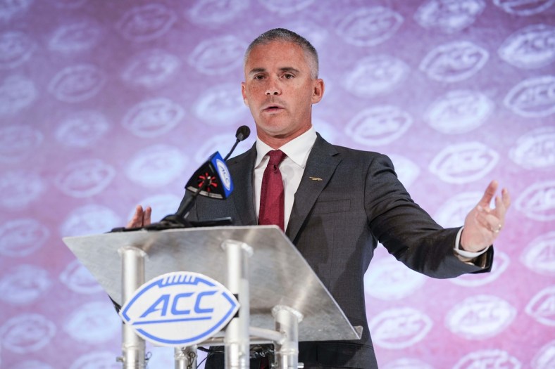Jul 22, 2021; Charlotte, NC, USA;  Florida State Seminoles Coach Mike Norvell speaks to the media during the ACC Kickoff at The Westin Charlotte. Mandatory Credit: Jim Dedmon-USA TODAY Sports