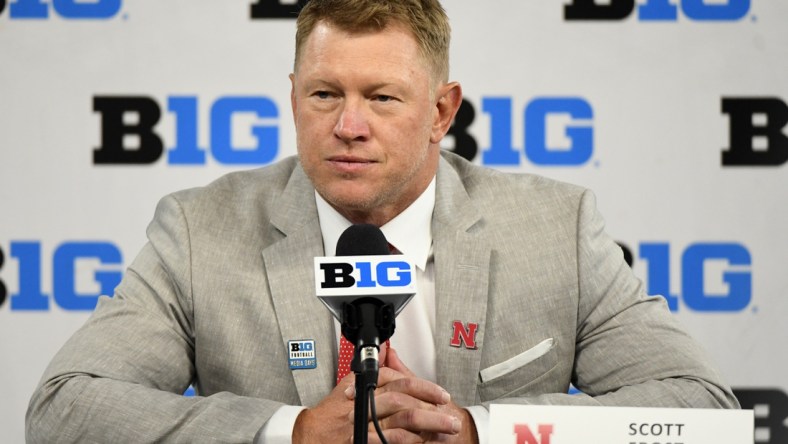 Jul 22, 2021; Indianapolis, Indiana, USA; Nebraska Cornhuskers head coach Scott Frost speaks to the media during Big 10 media days at Lucas Oil Stadium. Mandatory Credit: Robert Goddin-USA TODAY Sports