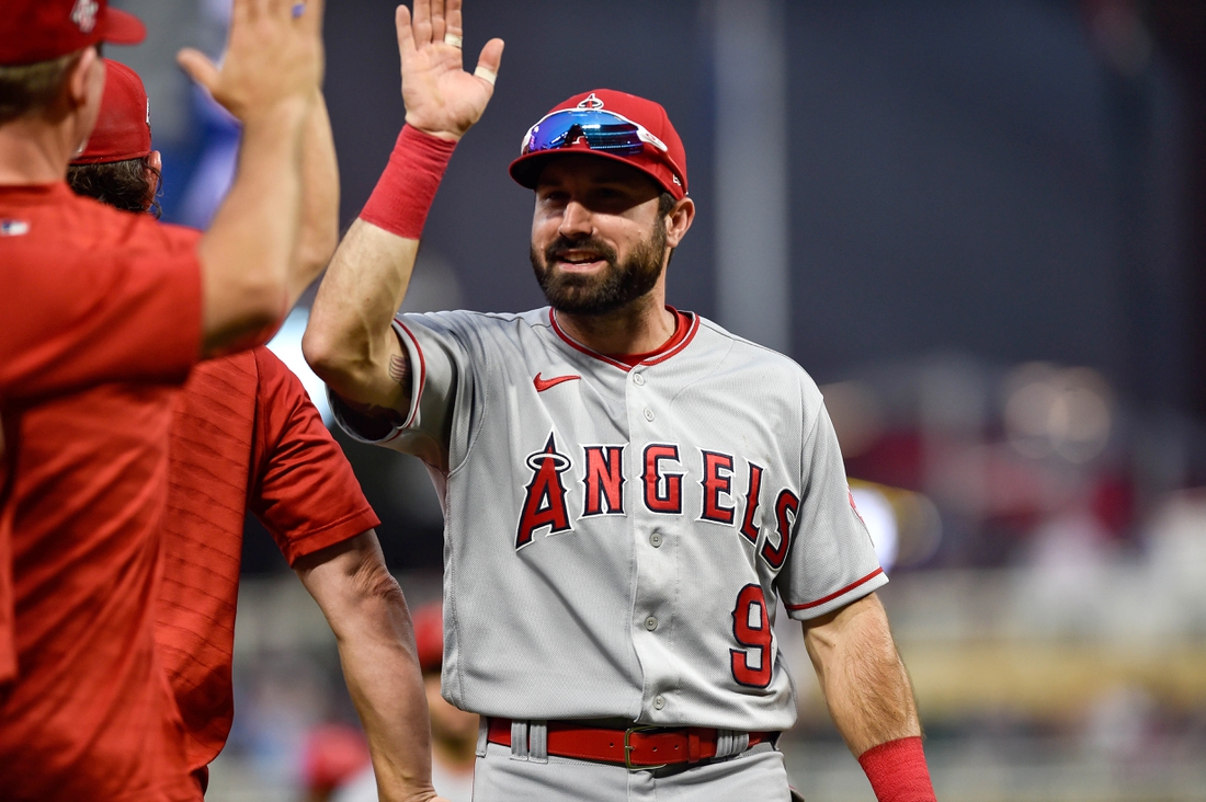 Jul 24, 2021; Minneapolis, Minnesota, USA; Los Angeles Angels right fielder Adam Eaton (9) reacts after the game against the Minnesota Twins at Target Field. Mandatory Credit: Jeffrey Becker-USA TODAY Sports