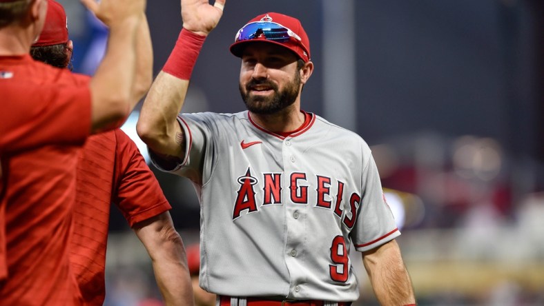 Jul 24, 2021; Minneapolis, Minnesota, USA; Los Angeles Angels right fielder Adam Eaton (9) reacts after the game against the Minnesota Twins at Target Field. Mandatory Credit: Jeffrey Becker-USA TODAY Sports