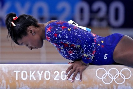 Jul 25, 2021; Tokyo, Japan; Simone Biles (USA) competes on the balance beam in the womens gymnastics qualifications during the Tokyo 2020 Olympic Summer Games at Ariake Gymnastics Centre. Mandatory Credit: Robert Deutsch-USA TODAY Network