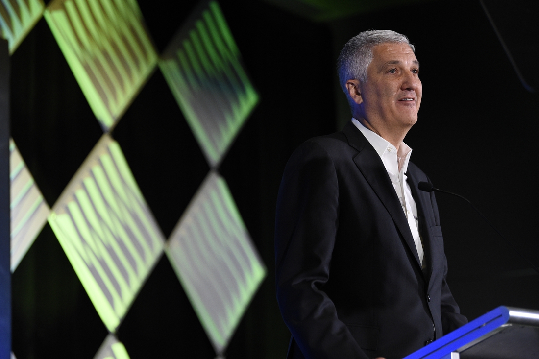 Jul 27, 2021; Hollywood, CA, USA; PAC-12 commissioner George Kliavkoff speaks to the media during the Pac-12 football Media Day at the W Hollywood. Mandatory Credit: Kelvin Kuo-USA TODAY Sports