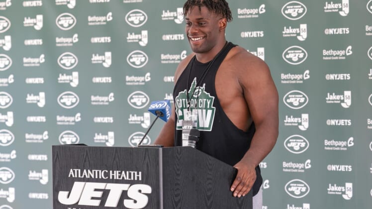 Jul 27, 2021; Florham Park, NJ, United States;  New York Jets defensive end Carl Lawson (58) talks with the media on training camp report day at Atlantic Health Jets Training Center. Mandatory Credit: Vincent Carchietta-USA TODAY Sports