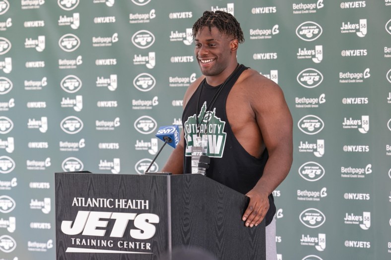 Jul 27, 2021; Florham Park, NJ, United States;  New York Jets defensive end Carl Lawson (58) talks with the media on training camp report day at Atlantic Health Jets Training Center. Mandatory Credit: Vincent Carchietta-USA TODAY Sports