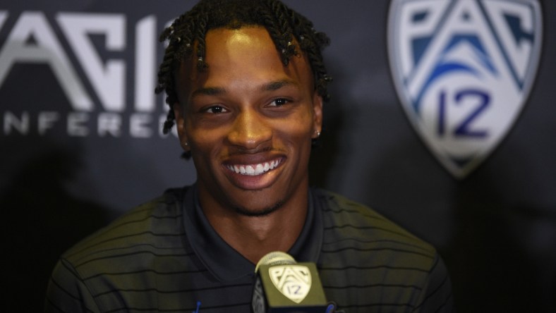 Jul 27, 2021; Hollywood, CA, USA; UCLA Bruins quarterback Dorian Thompson-Robinson speaks with the media during the Pac-12 football Media Day at the W Hollywood. Mandatory Credit: Kelvin Kuo-USA TODAY Sports