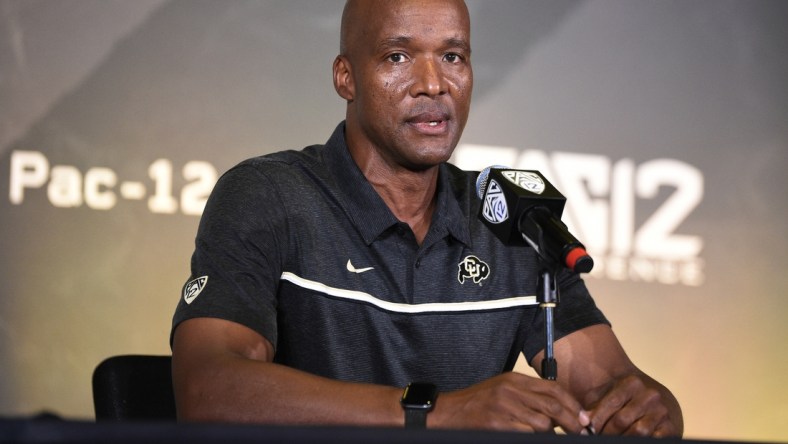 Jul 27, 2021; Hollywood, CA, USA; Colorado Buffaloes head coach Karl Dorrell, wide receiver Dimitri Stanley, linebacker Nate Landman speaks with the media during the Pac-12 football Media Day at the W Hollywood. Mandatory Credit: Kelvin Kuo-USA TODAY Sports