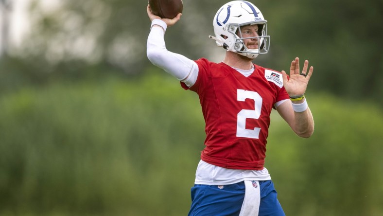 Jul 28, 2021; Westfield, IN, United States; Indianapolis Colts quarterback Carson Wentz (2) at Grand Park. Mandatory Credit: Marc Lebryk-USA TODAY Sports