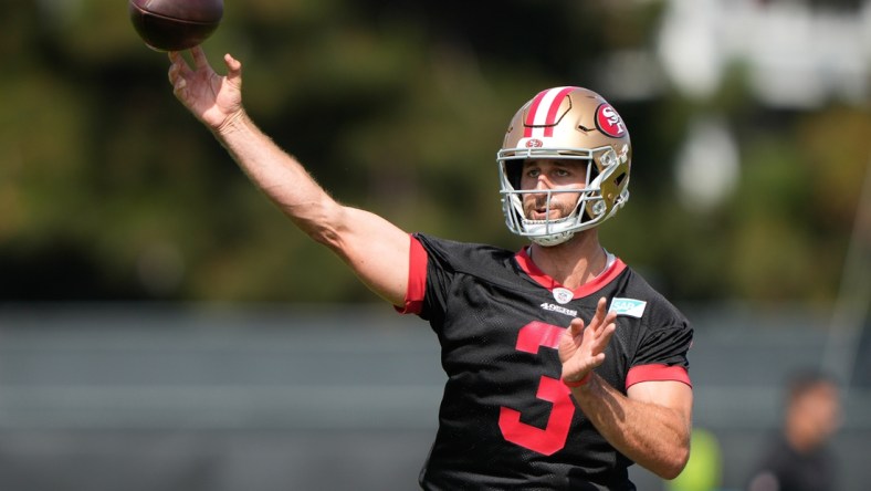 Jul 28, 2021; Santa Clara, CA, USA;  San Francisco 49ers quarterback Josh Rosen (3) throws the ball during training camp at the SAP Performance Facility.  Mandatory Credit: Stan Szeto-USA TODAY Sports