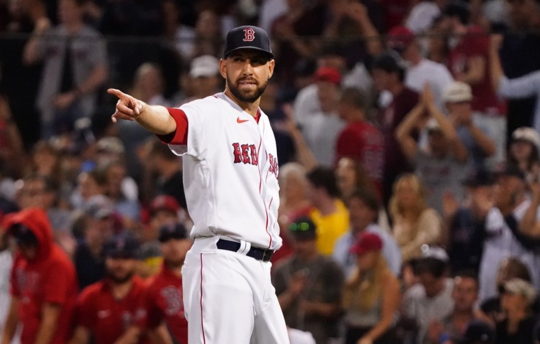Jul 28, 2021; Boston, Massachusetts, USA; Boston Red Sox relief pitcher Matt Barnes (32) reacts after defeating the Toronto Blue Jays during game two of a double header at Fenway Park. Mandatory Credit: David Butler II-USA TODAY Sports