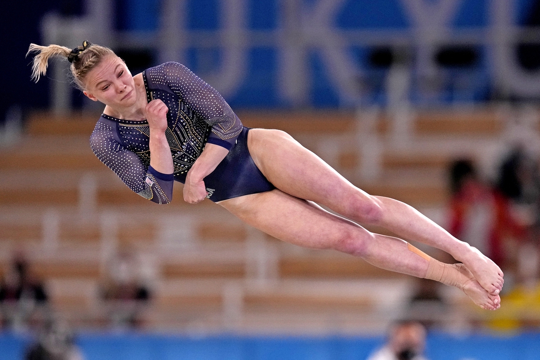 Jul 29, 2021; Tokyo, Japan; Jade Carey (USA) competes on the floor in the women's gymnastics individual all-around final during the Tokyo 2020 Olympic Summer Games at Ariake Gymnastics Centre. Mandatory Credit: Danielle Parhizkaran-USA TODAY Sports