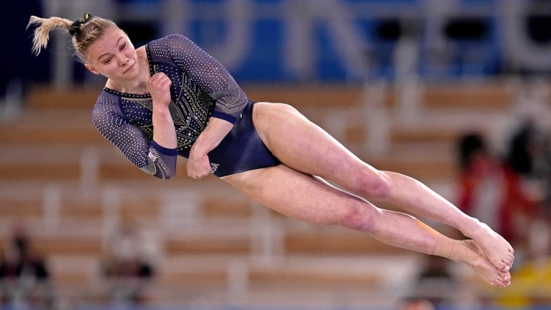 Jul 29, 2021; Tokyo, Japan; Jade Carey (USA) competes on the floor in the women's gymnastics individual all-around final during the Tokyo 2020 Olympic Summer Games at Ariake Gymnastics Centre. Mandatory Credit: Danielle Parhizkaran-USA TODAY Sports