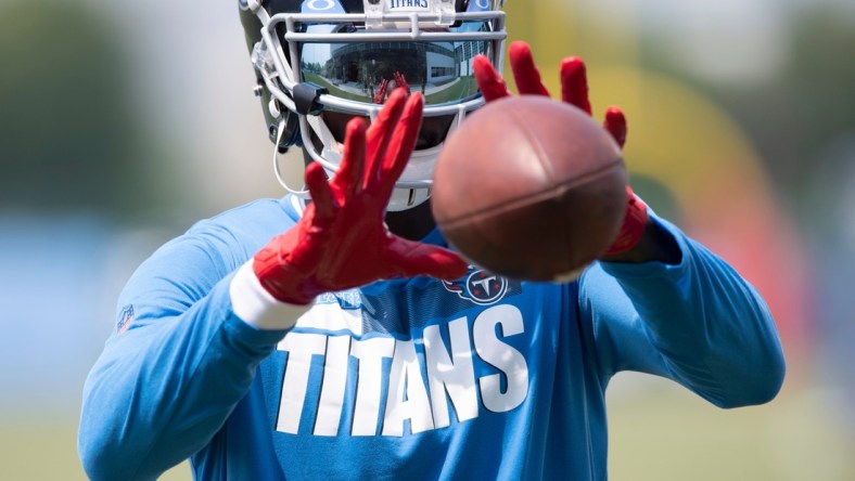 Tennessee Titans wide receiver Julio Jones (2) pulls in a catch off of the Jugs machine after a training camp practice at Saint Thomas Sports Park Thursday, July 29, 2021 in Nashville, Tenn.

Nas 0728 Titans Camp 027