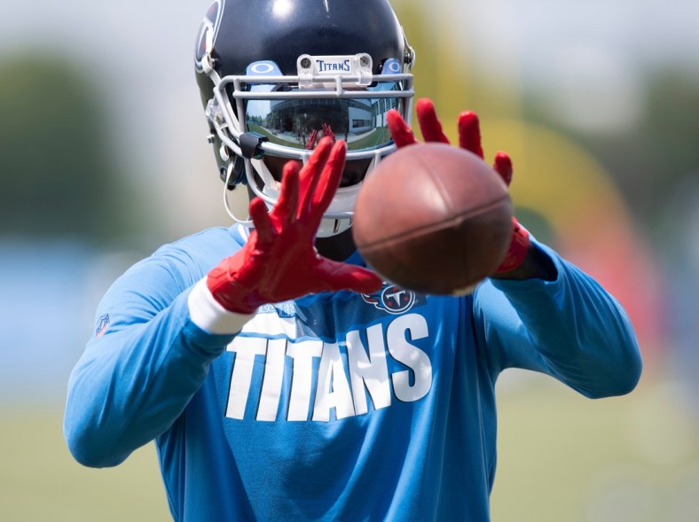 Tennessee Titans wide receiver Julio Jones (2) pulls in a catch off of the Jugs machine after a training camp practice at Saint Thomas Sports Park Thursday, July 29, 2021 in Nashville, Tenn.

Nas 0728 Titans Camp 027