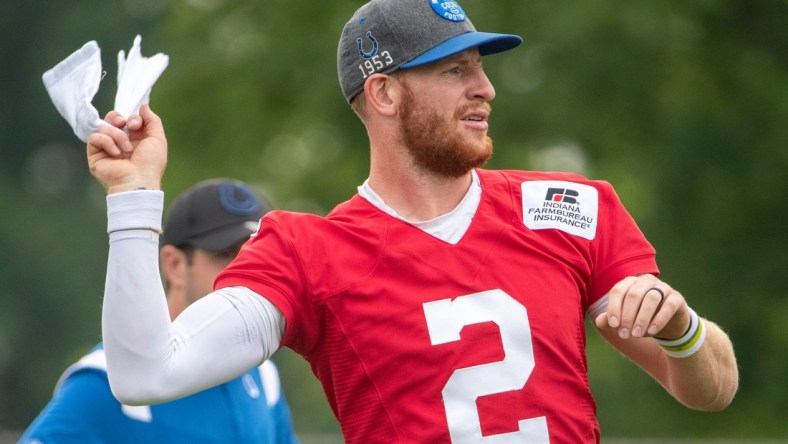 Indianapolis Colts quarterback Carson Wentz (2) at the start of practice at Grand Park in Westfield on Thursday, July 29, 2021, on the second full day of workouts of this summer's Colts training camp.

Colts Camp Revs Up