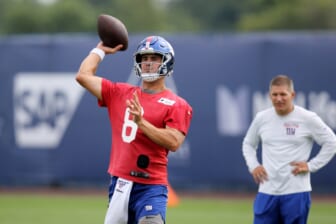 Quarterback Daniel Jones gets ready to throw a pass at Giants practice, in East Rutherford. Thursday, July 29, 2021Giants