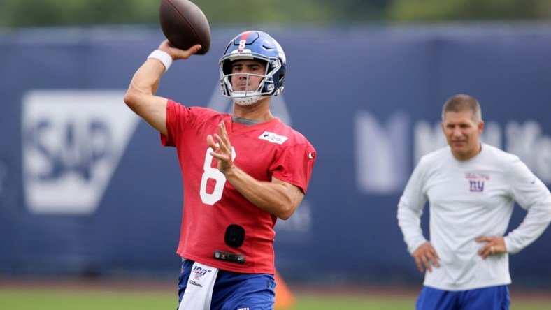 Quarterback Daniel Jones gets ready to throw a pass at Giants practice, in East Rutherford. Thursday, July 29, 2021Giants