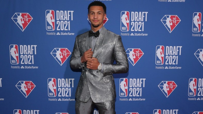 Jul 29, 2021; Brooklyn, New York, USA; Jalen Suggs (Gonzaga) arrives on the red carpet before the 2021 NBA Draft at Barclays Center. Mandatory Credit: Brad Penner-USA TODAY Sports