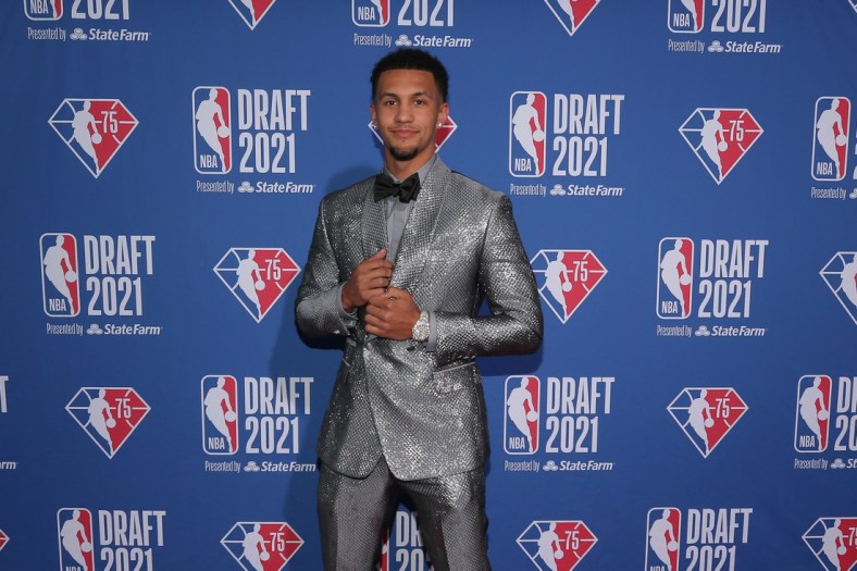 Jul 29, 2021; Brooklyn, New York, USA; Jalen Suggs (Gonzaga) arrives on the red carpet before the 2021 NBA Draft at Barclays Center. Mandatory Credit: Brad Penner-USA TODAY Sports