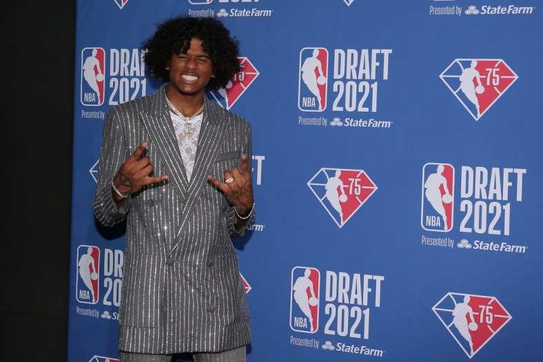 Jul 29, 2021; Brooklyn, New York, USA; Jalen Green (G League Ignite) arrives on the red carpet before the 2021 NBA Draft at Barclays Center. Mandatory Credit: Brad Penner-USA TODAY Sports