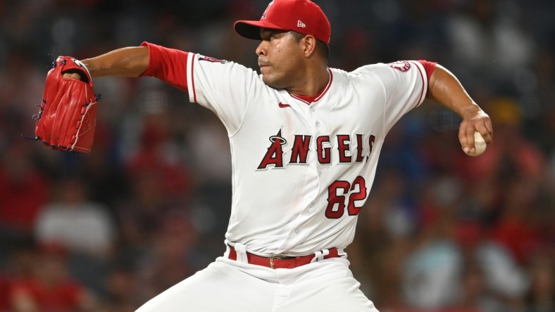 Jul 29, 2021; Anaheim, California, USA;  Los Angeles Angels starting pitcher Jose Quintana (62) in the fifth inning of the game against the against the Oakland Athletics at Angel Stadium. Mandatory Credit: Jayne Kamin-Oncea-USA TODAY Sports