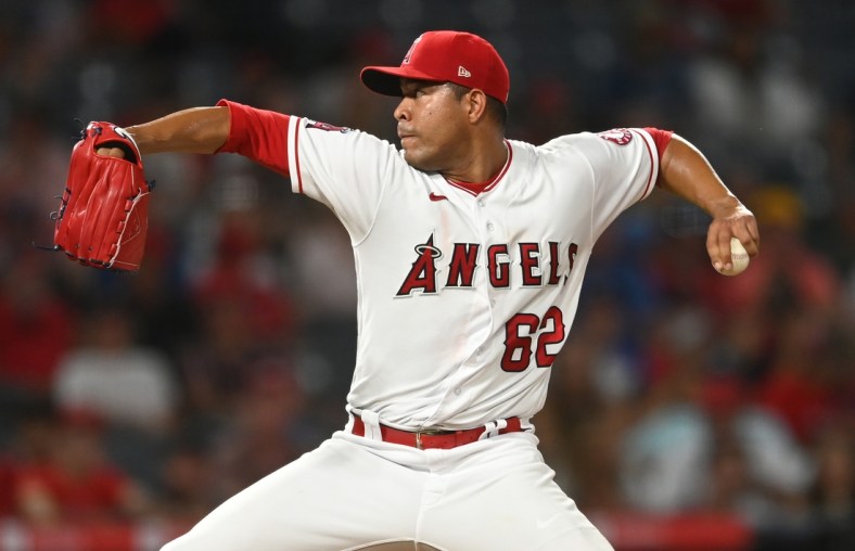 Jul 29, 2021; Anaheim, California, USA;  Los Angeles Angels starting pitcher Jose Quintana (62) in the fifth inning of the game against the against the Oakland Athletics at Angel Stadium. Mandatory Credit: Jayne Kamin-Oncea-USA TODAY Sports