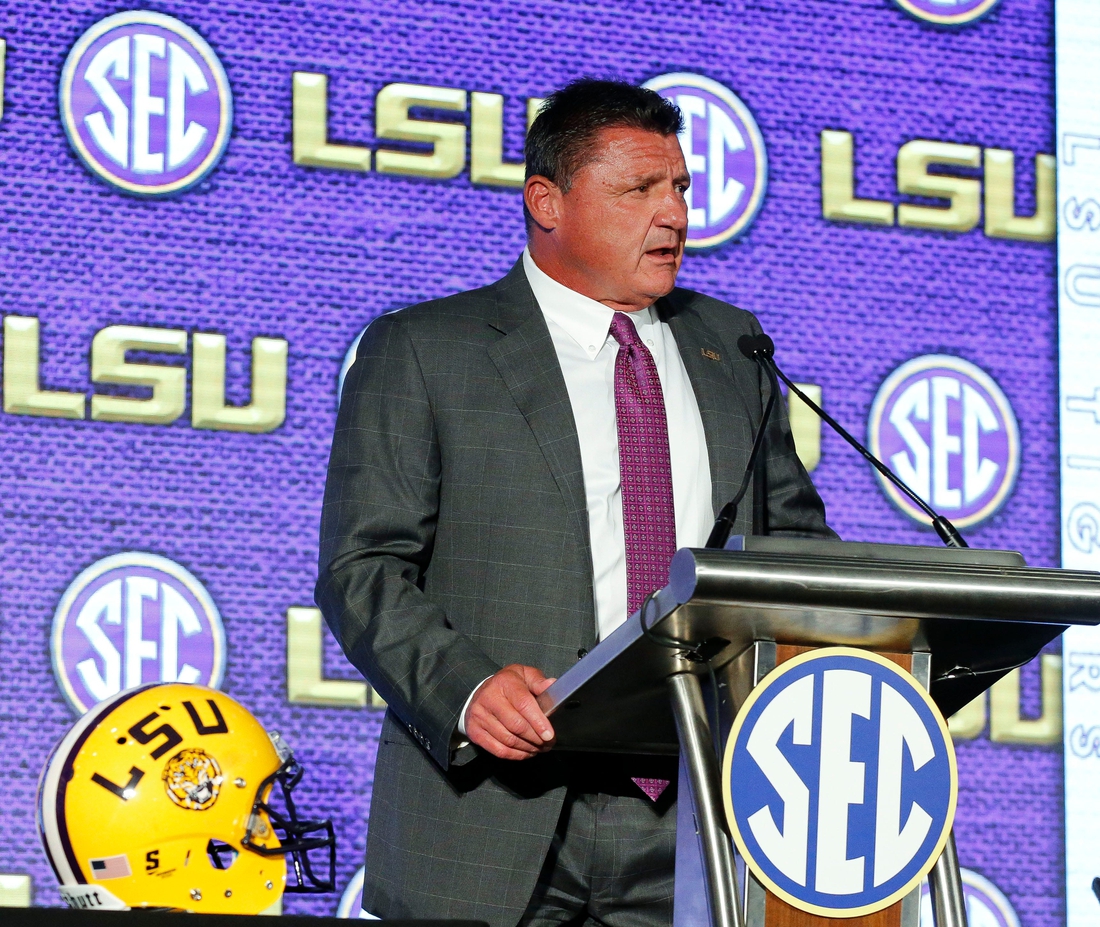 LSU Head Coach Ed Orgeron speaks to the media during SEC Media Days at the Hyatt Regency in Hoover, Ala., Monday, July 19, 2021. [Staff Photo/Gary Cosby Jr.]

Sec Media Days Ed Orgeron