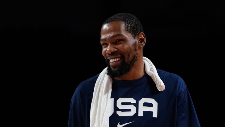 Jul 31, 2021; Saitama, Japan; Team United States forward Kevin Durant (7) reacts after defeating Czech Republic during the Tokyo 2020 Olympic Summer Games at Saitama Super Arena. Mandatory Credit: Kareem Elgazzar-USA TODAY Sports