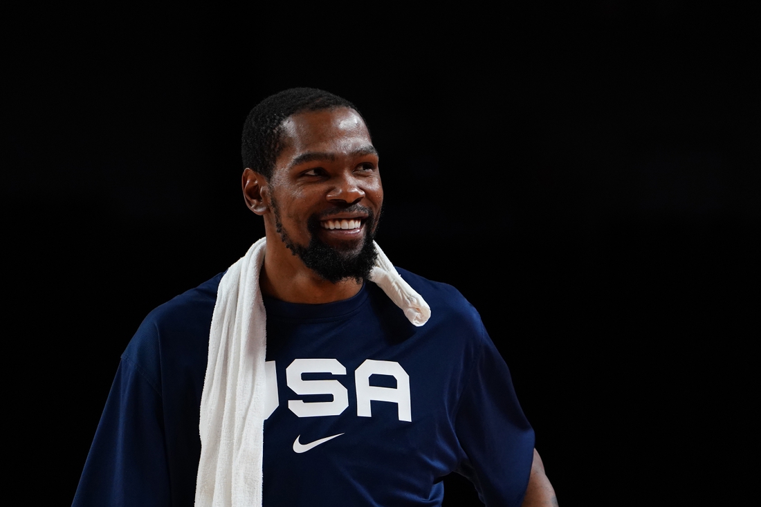 Jul 31, 2021; Saitama, Japan; Team United States forward Kevin Durant (7) reacts after defeating Czech Republic during the Tokyo 2020 Olympic Summer Games at Saitama Super Arena. Mandatory Credit: Kareem Elgazzar-USA TODAY Sports