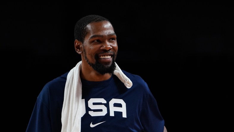 Jul 31, 2021; Saitama, Japan; Team United States forward Kevin Durant (7) reacts after defeating Czech Republic during the Tokyo 2020 Olympic Summer Games at Saitama Super Arena. Mandatory Credit: Kareem Elgazzar-USA TODAY Sports