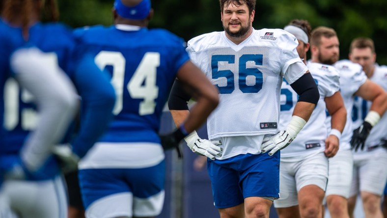 Indianapolis Colts offensive guard Quenton Nelson (56) lines up for stretches during practice Saturday, July 31, 2021.