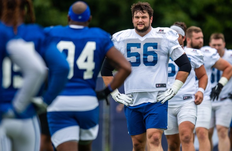 Indianapolis Colts offensive guard Quenton Nelson (56) lines up for stretches during practice Saturday, July 31, 2021.