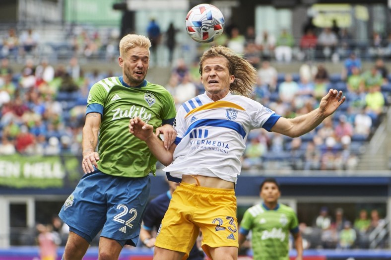 Jul 31, 2021; Seattle, Washington, USA; San Jose Earthquakes midfielder Florian Jungwirth (23) heads the ball during the second half against Seattle Sounders midfielder Kelyn Rowe (22) at CenturyLink Field. The San Jose Earthquakes won the game 1-0. Mandatory Credit: Troy Wayrynen-USA TODAY Sports