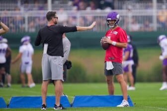 Jul 30, 2021; Eagan, MN, United States; Minnesota Vikings quarterback Kirk Cousins (8) participates in drills at training camp at TCO Performance Center. Mandatory Credit: Brad Rempel-USA TODAY Sports