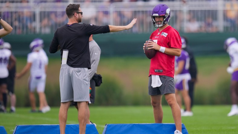 Jul 30, 2021; Eagan, MN, United States; Minnesota Vikings quarterback Kirk Cousins (8) participates in drills at training camp at TCO Performance Center. Mandatory Credit: Brad Rempel-USA TODAY Sports