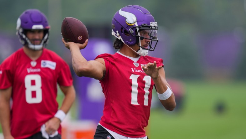 Jul 30, 2021; Eagan, MN, United States; Minnesota Vikings quarterback Kellen Mond (11) participates in drills at training camp at TCO Performance Center. Mandatory Credit: Brad Rempel-USA TODAY Sports