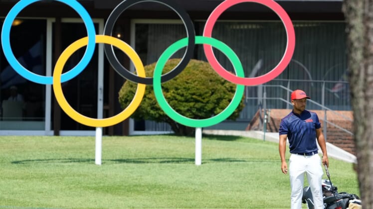 Aug 1, 2021; Tokyo, Japan; Xander Schauffele (USA) looks on from the practice putting green during the final round of the men's individual stroke play of the Tokyo 2020 Olympic Summer Games at Kasumigaseki Country Club. Mandatory Credit: Kyle Terada-USA TODAY Sports