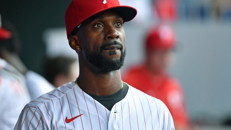 Jul 26, 2021; Philadelphia, Pennsylvania, USA; Philadelphia Phillies center fielder Andrew McCutchen (22) in the dugout against the Washington Nationals at Citizens Bank Park. Mandatory Credit: Eric Hartline-USA TODAY Sports