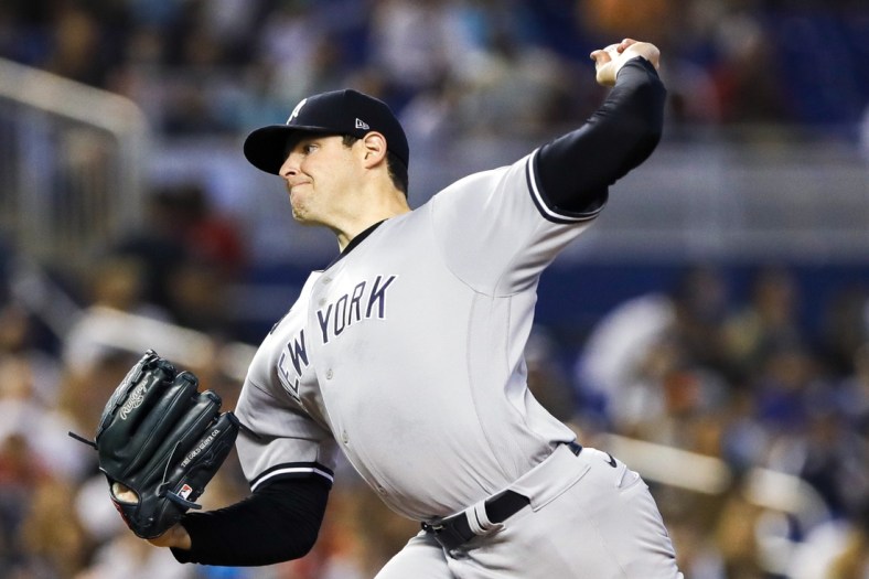 Aug 1, 2021; Miami, Florida, USA; New York Yankees starting pitcher Jordan Montgomery (47) delivers a pitch during the first inning of the game against the Miami Marlins at loanDepot Park. Mandatory Credit: Sam Navarro-USA TODAY Sports