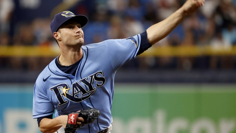 Aug 1, 2021; St. Petersburg, Florida, USA; Tampa Bay Rays starting pitcher Shane McClanahan (62) throws a pitch against the Boston Red Sox during the first inning at Tropicana Field. Mandatory Credit: Kim Klement-USA TODAY Sports