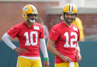 Green Bay Packers quarterback Jordan Love (10) and quarterback Aaron Rodgers (12) participate in training camp Wednesday, July 28, 2021, in Green Bay, Wis.  Dan Powers/USA TODAY NETWORK-WisconsinApc Packerstrainingcamp 0728211387djpa