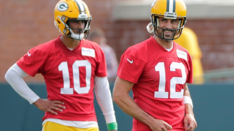 Green Bay Packers quarterback Jordan Love (10) and quarterback Aaron Rodgers (12) participate in training camp Wednesday, July 28, 2021, in Green Bay, Wis.  Dan Powers/USA TODAY NETWORK-Wisconsin

Apc Packerstrainingcamp 0728211387djpa