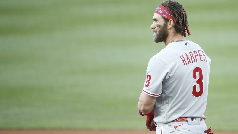 Aug 2, 2021; Washington, District of Columbia, USA; Philadelphia Phillies right fielder Bryce Harper (3) reacts after hitting a fly ball for an out against the Washington Nationals during the first inning at Nationals Park. Mandatory Credit: Amber Searls-USA TODAY Sports