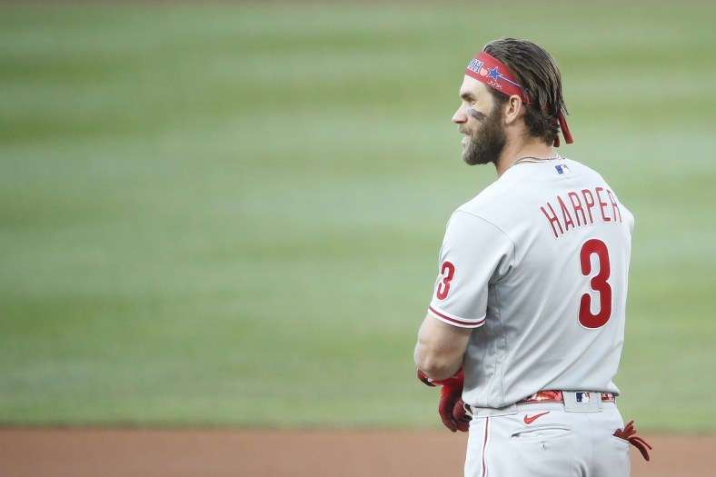 Aug 2, 2021; Washington, District of Columbia, USA; Philadelphia Phillies right fielder Bryce Harper (3) reacts after hitting a fly ball for an out against the Washington Nationals during the first inning at Nationals Park. Mandatory Credit: Amber Searls-USA TODAY Sports