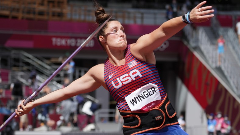 Aug 3, 2021; Tokyo, Japan; Kara Winger (USA) in the women's javelin throw qualification during the Tokyo 2020 Summer Olympic Games at Olympic Stadium. Mandatory Credit: Kirby Lee-USA TODAY Sports