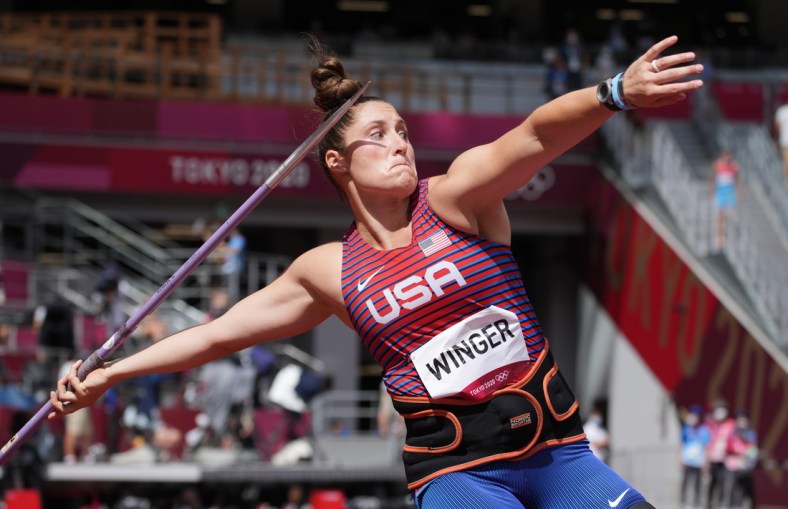 Aug 3, 2021; Tokyo, Japan; Kara Winger (USA) in the women's javelin throw qualification during the Tokyo 2020 Summer Olympic Games at Olympic Stadium. Mandatory Credit: Kirby Lee-USA TODAY Sports