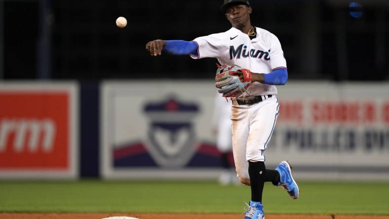 Aug 2, 2021; Miami, Florida, USA; Miami Marlins second baseman Jazz Chisholm Jr. (2) throws out New York Mets right fielder Kevin Pillar (not pictured) in the 9th inning at loanDepot park. Mandatory Credit: Jasen Vinlove-USA TODAY Sports