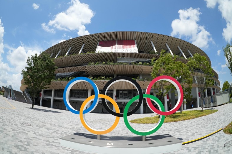 Jul 29, 2021; Tokyo, Japan; A general overall view of the Olympic rings outside of New National Stadium, the venue for track and field and opening and closing ceremonies during the Tokyo 2020 Olympic Summer Games. Mandatory Credit: Kirby Lee-USA TODAY Sports