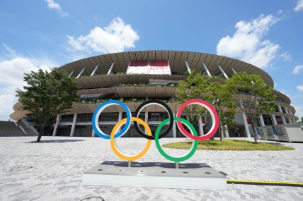 Jul 29, 2021; Tokyo, Japan; A general overall view of the Olympic rings outside of New National Stadium, the venue for track and field and opening and closing ceremonies during the Tokyo 2020 Olympic Summer Games. Mandatory Credit: Kirby Lee-USA TODAY Sports