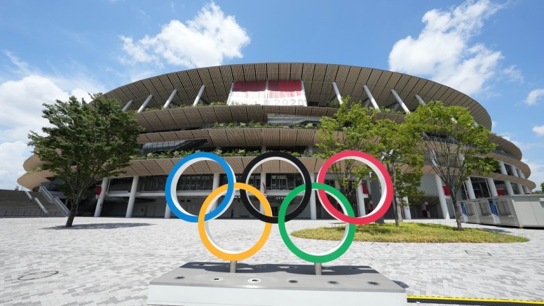 Jul 29, 2021; Tokyo, Japan; A general overall view of the Olympic rings outside of New National Stadium, the venue for track and field and opening and closing ceremonies during the Tokyo 2020 Olympic Summer Games. Mandatory Credit: Kirby Lee-USA TODAY Sports